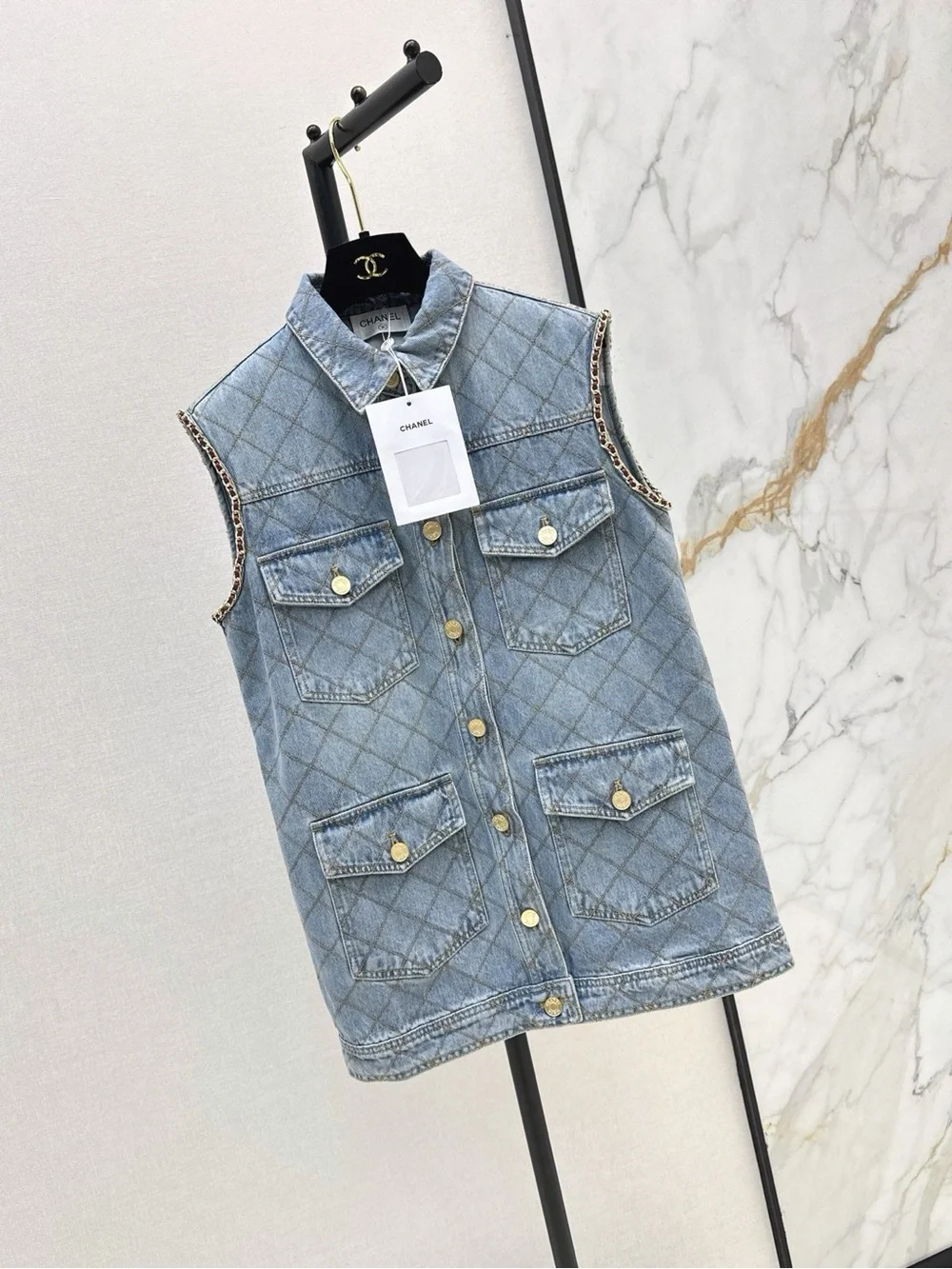 CHANEL Quilted Light Blue Denim Sleeveless Vest with Gold-Tone Buttons